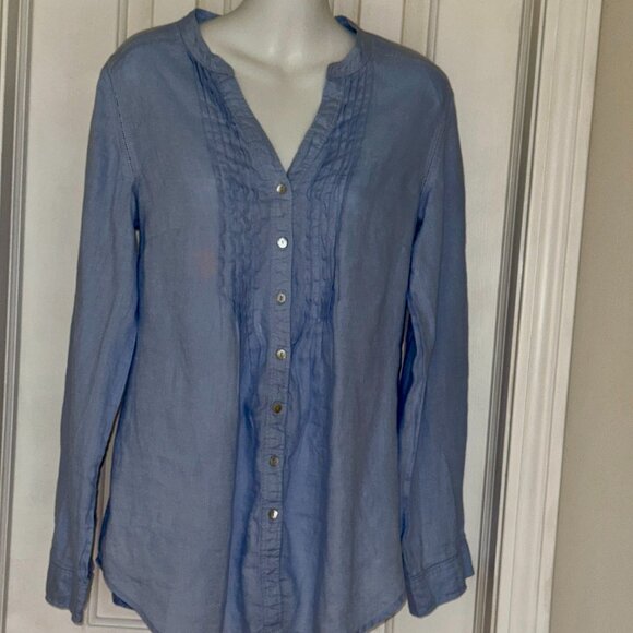 Malvin “I Love Linen” Blue Button down S top W/ Rolled Sleeves front pin tucks - Picture 1 of 7